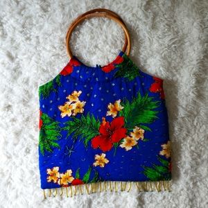 🪩 vintage • hawaiian bamboo handled fabric purse
